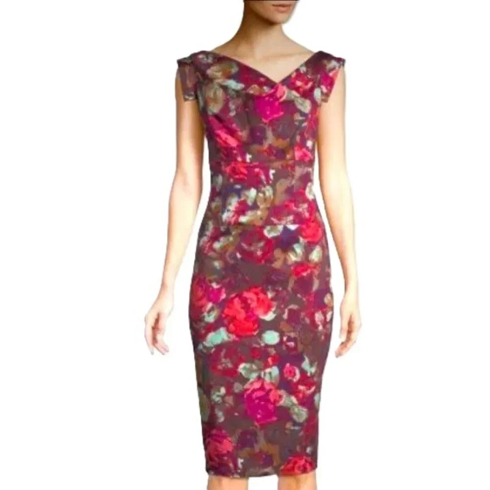 NWT Black Halo Jackie O Sheath Dress Red French Rose Floral Print Size 2